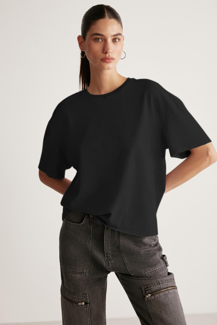JEMMY Basic Relaxed Siyah Tekli T-Shirt