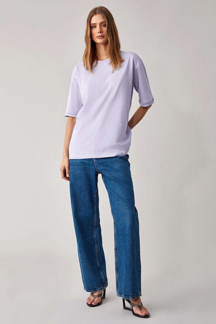 Jemmy Kadın %100 Organik Pamuk Relaxed Fit Yırtmaçlı Yuvarlak Yakalı Lila T-Shirt