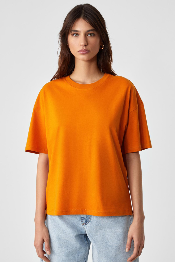 Jemmy Kadın %100 Organik Pamuk Relaxed Fit Yırtmaçlı Yuvarlak Yakalı Turuncu T-Shirt