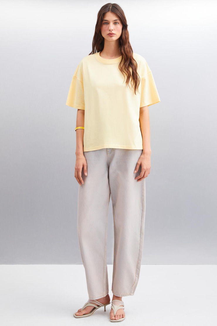 JEMMY Kadın Basic Süprem Dokuma Relaxed %100 Organik Pamuk Sarı T-Shirt