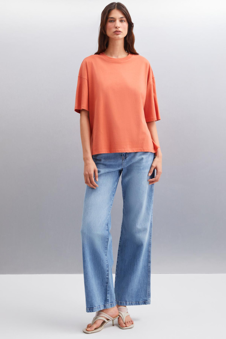 JEMMY Kadın Basic Süprem Dokuma Relaxed %100 Organik Pamuk Kiremit Rengi T-Shirt