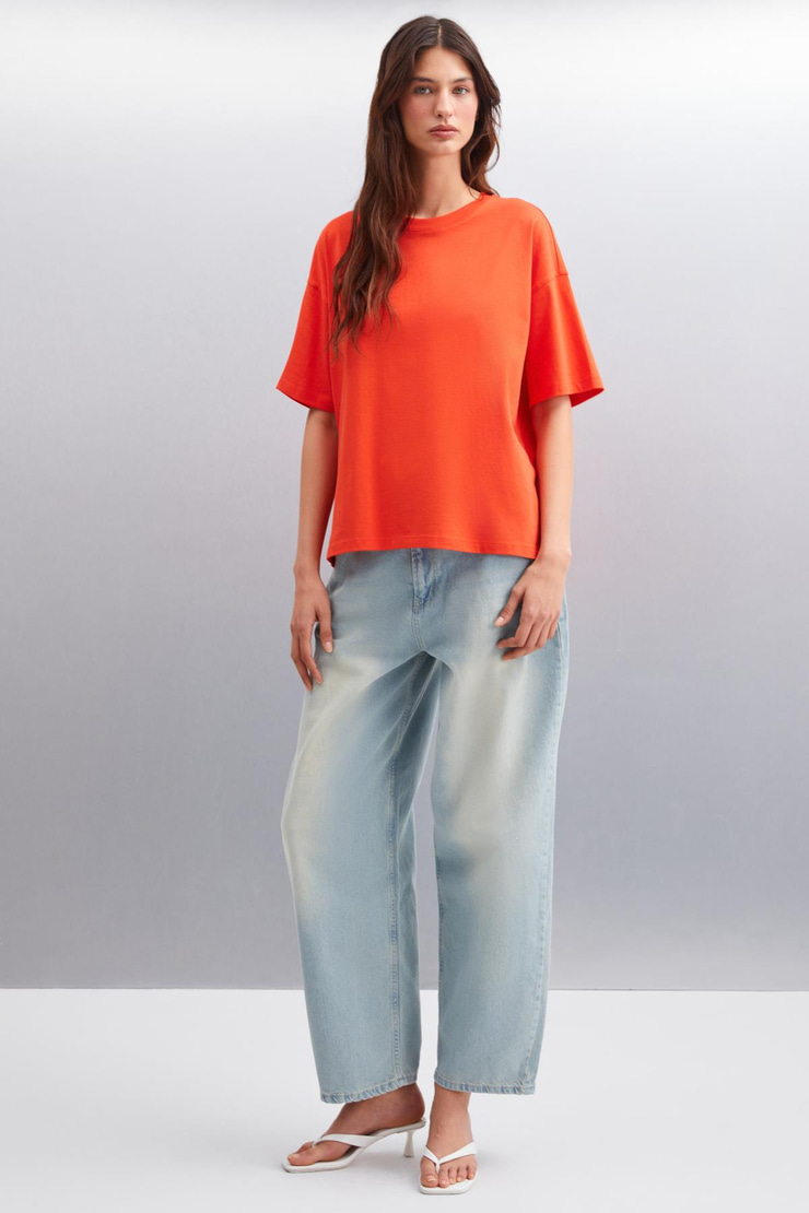 JEMMY Kadın Basic Süprem Dokuma Relaxed %100 Organik Pamuk Kırmızı T-Shirt