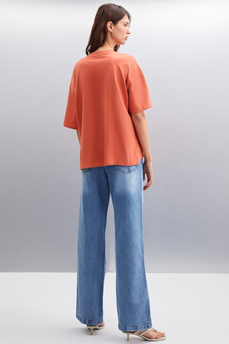 JEMMY Kadın Basic Süprem Dokuma Relaxed %100 Organik Pamuk Kiremit Rengi T-Shirt