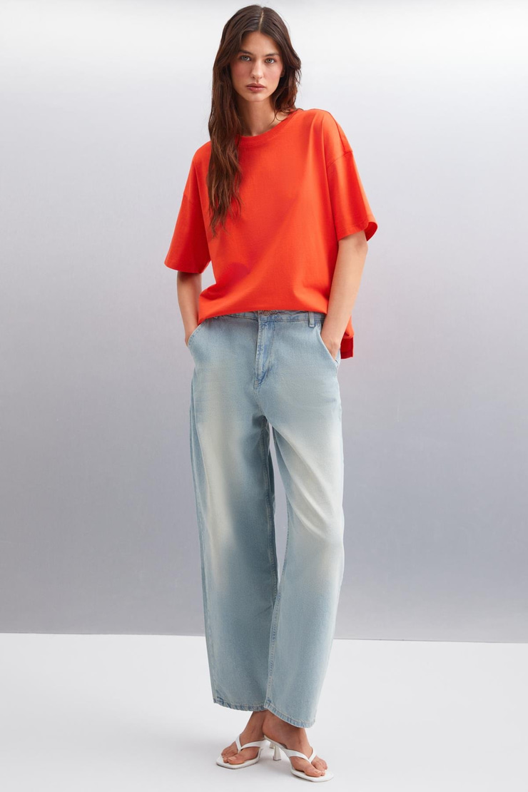 JEMMY Kadın Basic Süprem Dokuma Relaxed %100 Organik Pamuk Kırmızı T-Shirt