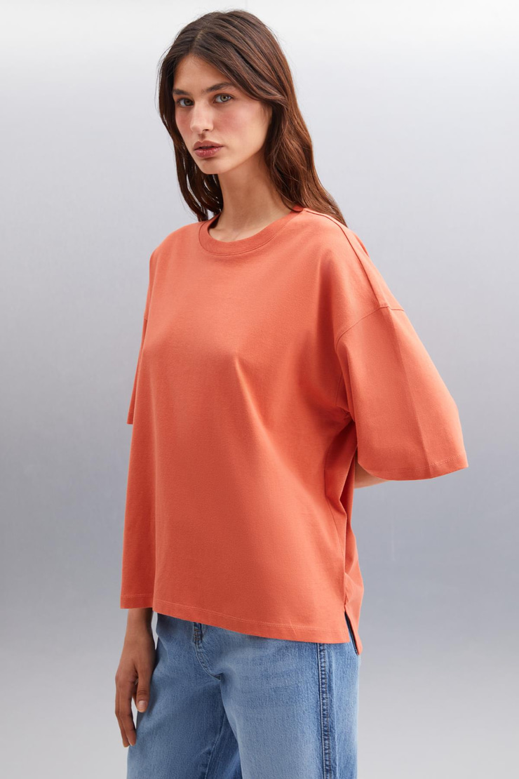 JEMMY Kadın Basic Süprem Dokuma Relaxed %100 Organik Pamuk Kiremit Rengi T-Shirt