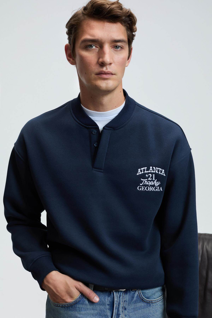 JETHRO Erkek Bomber Yaka Patlı Düğmeli Göğsü Nakışlı Relaxed Fit Lacivert Sweatshirt