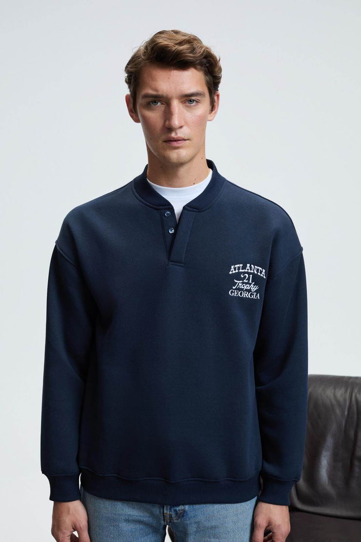 JETHRO Erkek Bomber Yaka Patlı Düğmeli Göğsü Nakışlı Relaxed Fit Lacivert Sweatshirt