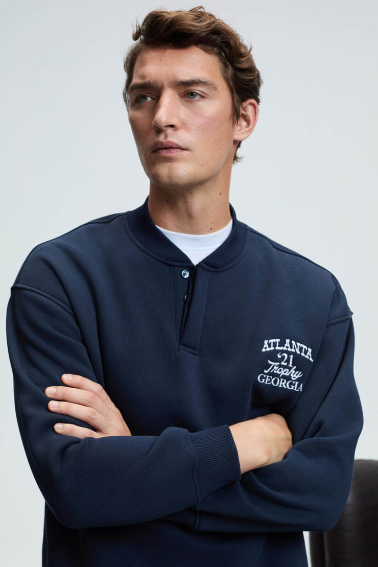 JETHRO Erkek Bomber Yaka Patlı Düğmeli Göğsü Nakışlı Relaxed Fit Lacivert Sweatshirt