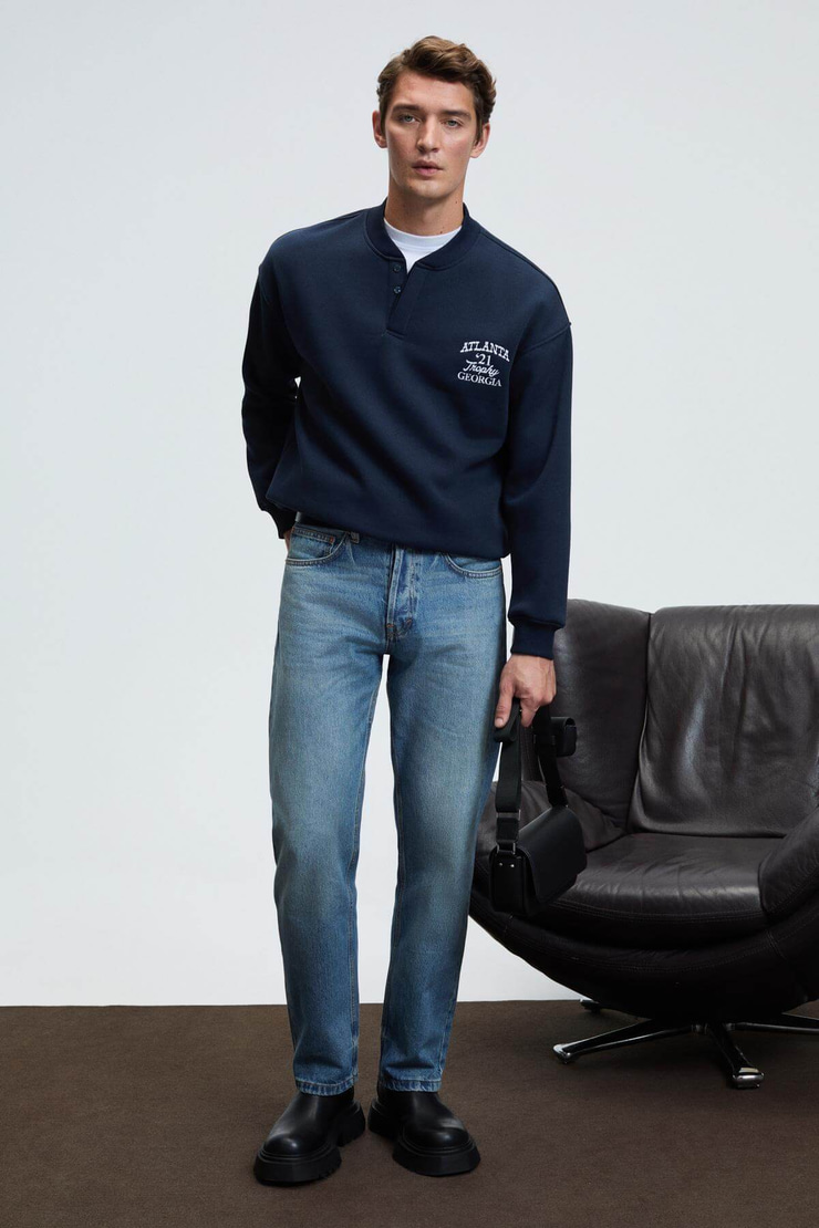 JETHRO Erkek Bomber Yaka Patlı Düğmeli Göğsü Nakışlı Relaxed Fit Lacivert Sweatshirt