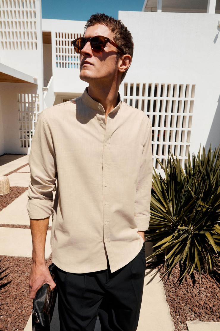 JEZER Erkek Hakim Yaka Uzun Kollu %100 Pamuk Regular Fit Bej Gömlek