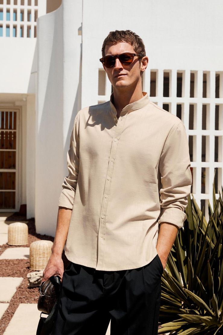 JEZER Erkek Hakim Yaka Uzun Kollu %100 Pamuk Regular Fit Bej Gömlek