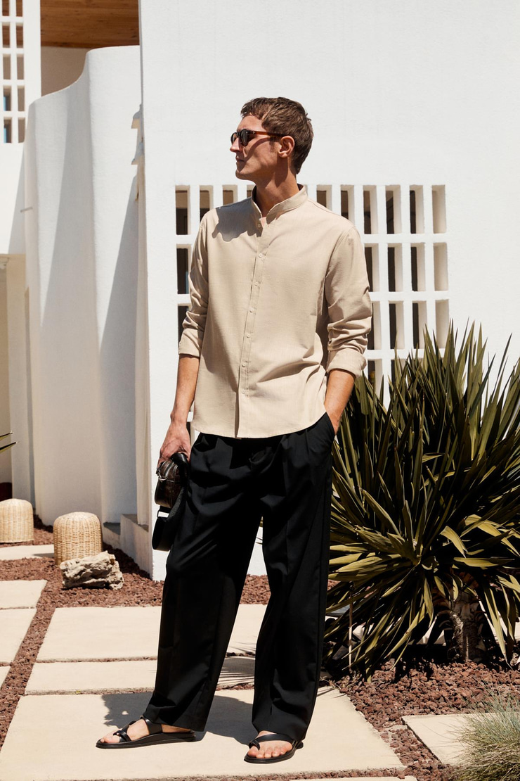 JEZER Erkek Hakim Yaka Uzun Kollu %100 Pamuk Regular Fit Bej Gömlek