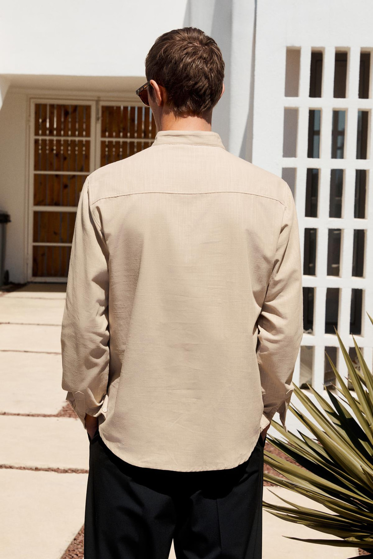 JEZER Erkek Hakim Yaka Uzun Kollu %100 Pamuk Regular Fit Bej Gömlek