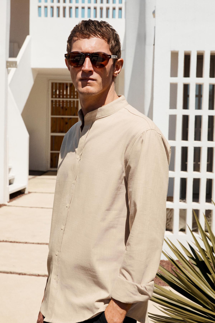 JEZER Erkek Hakim Yaka Uzun Kollu %100 Pamuk Regular Fit Bej Gömlek