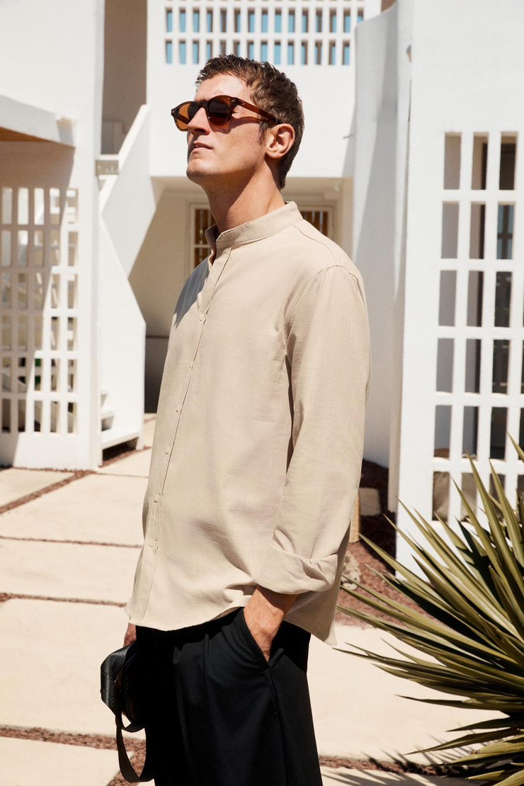 JEZER Erkek Hakim Yaka Uzun Kollu %100 Pamuk Regular Fit Bej Gömlek