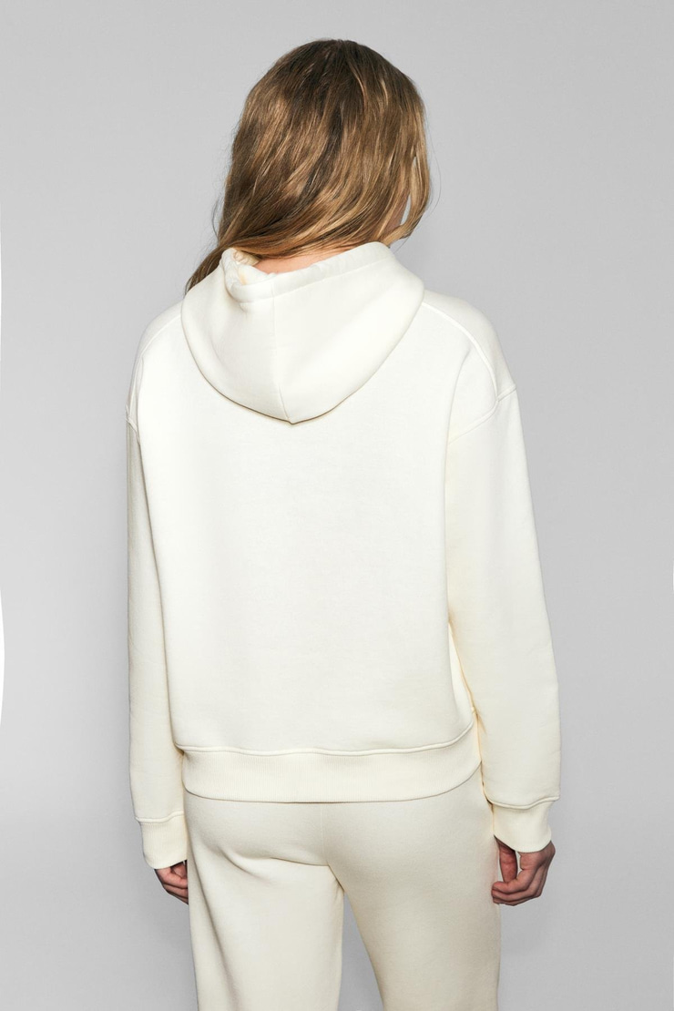 JINGSO Kadın Polarlı Yumuşak Kapüşonlu Kanguru Cepli Baskı Detaylı Ekru Sweatshirt