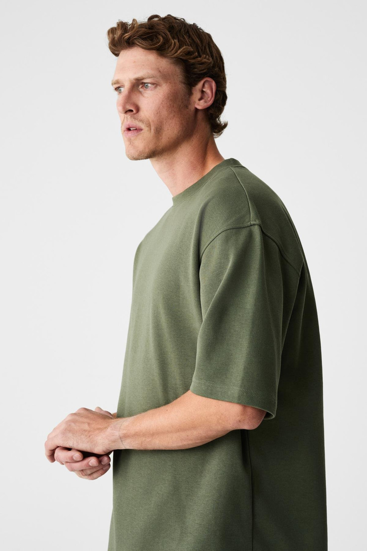 JOEL Erkek %100 Organik Pamuklu Kalın Kumaşlı Özel Dokulu Etiket Detaylı Oversize Haki T-Shirt