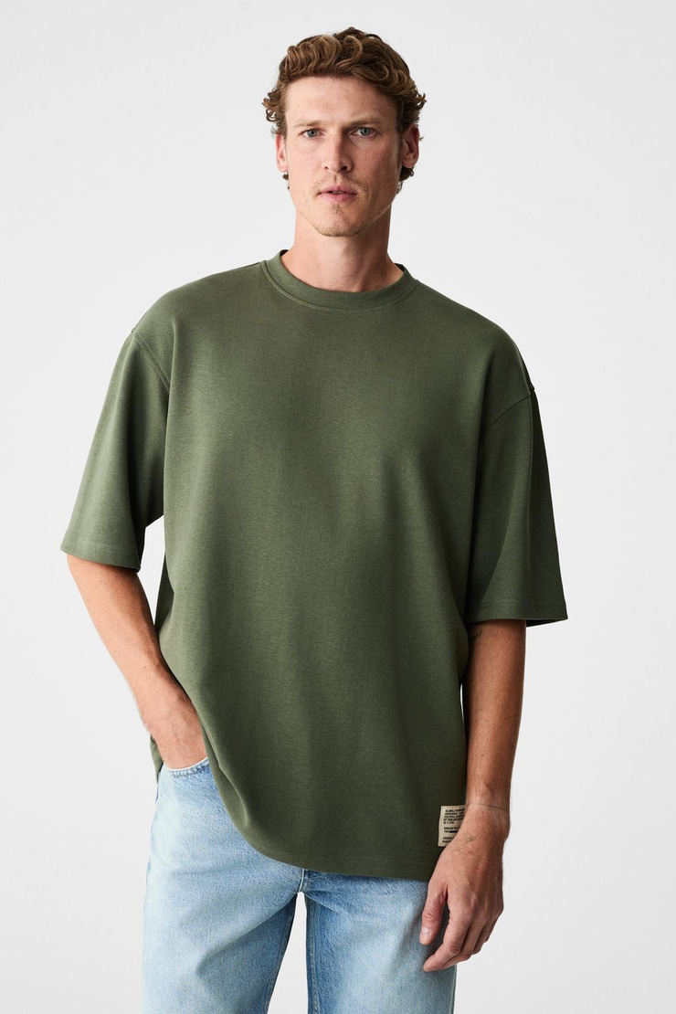 JOEL Erkek %100 Organik Pamuklu Kalın Kumaşlı Özel Dokulu Etiket Detaylı Oversize Haki T-Shirt