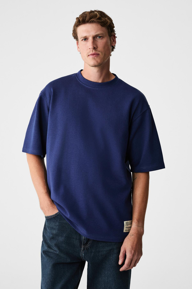 JOEL Erkek %100 Organik Pamuklu Kalın Kumaşlı Özel Dokulu Etiket Detaylı Oversize Lacivert T-Shirt