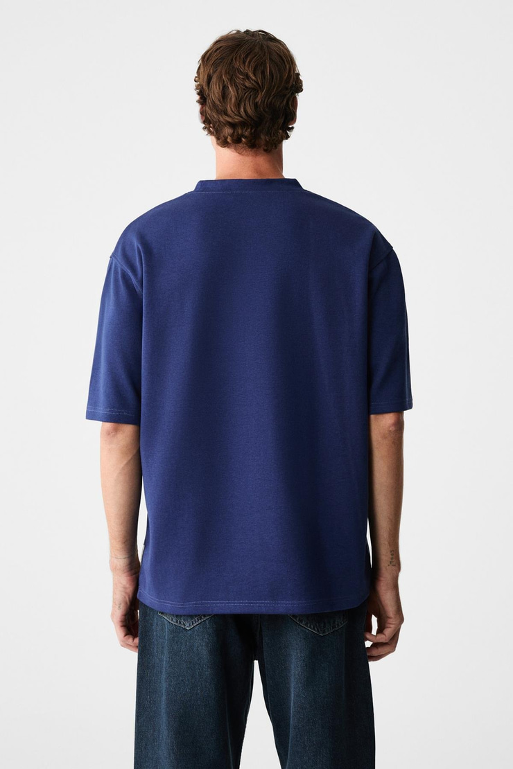 JOEL Erkek %100 Organik Pamuklu Kalın Kumaşlı Özel Dokulu Etiket Detaylı Oversize Lacivert T-Shirt