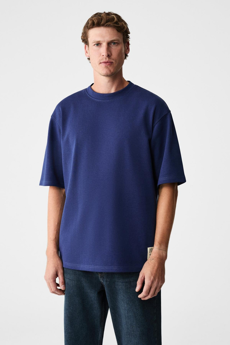 JOEL Erkek %100 Organik Pamuklu Kalın Kumaşlı Özel Dokulu Etiket Detaylı Oversize Lacivert T-Shirt