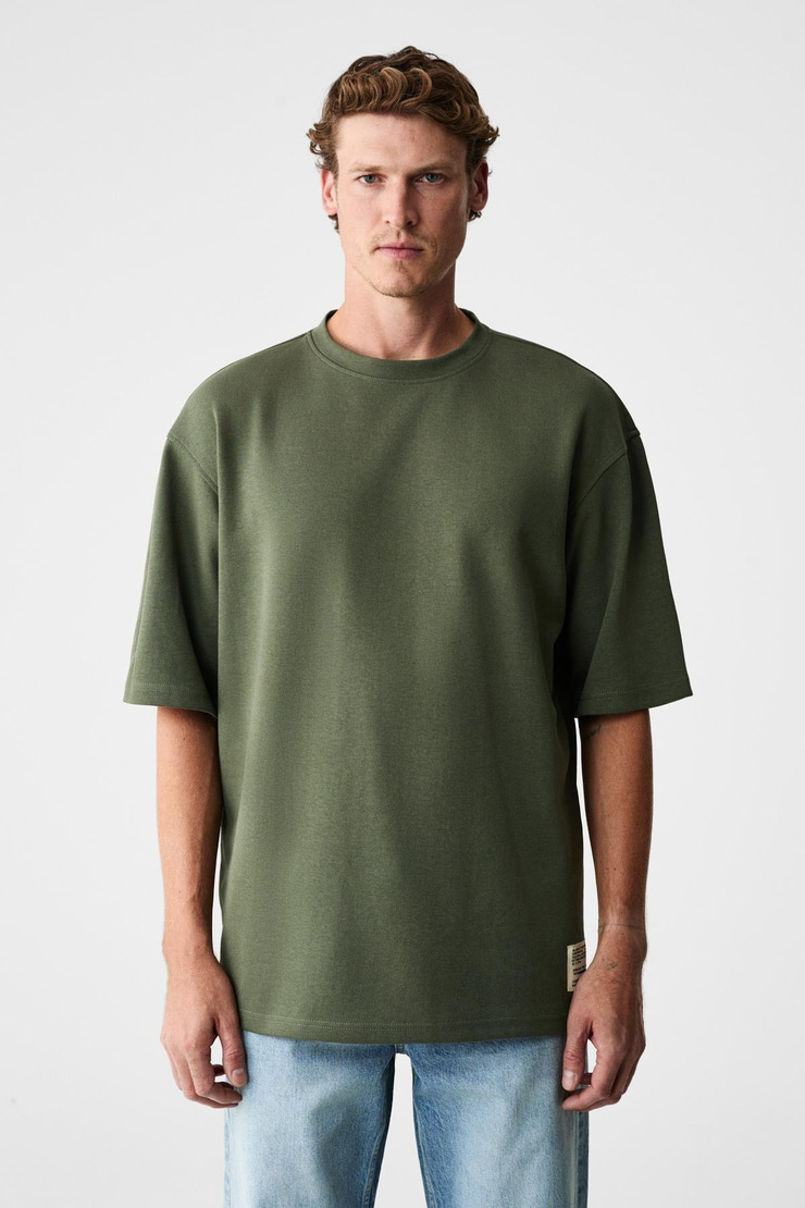 JOEL Erkek %100 Organik Pamuklu Kalın Kumaşlı Özel Dokulu Etiket Detaylı Oversize Haki T-Shirt