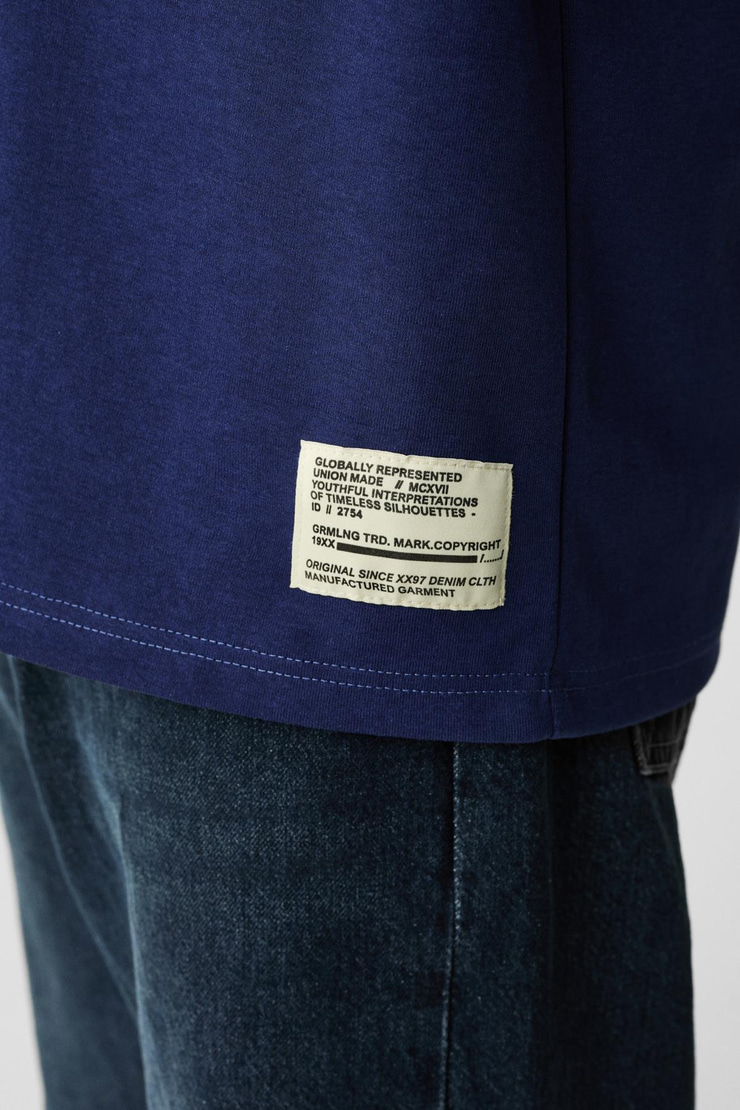 JOEL Erkek %100 Organik Pamuklu Kalın Kumaşlı Özel Dokulu Etiket Detaylı Oversize Lacivert T-Shirt