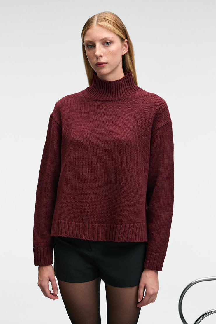 JOYITA Kadın Balıkçı Yaka Oversize Triko Bordo Kazak