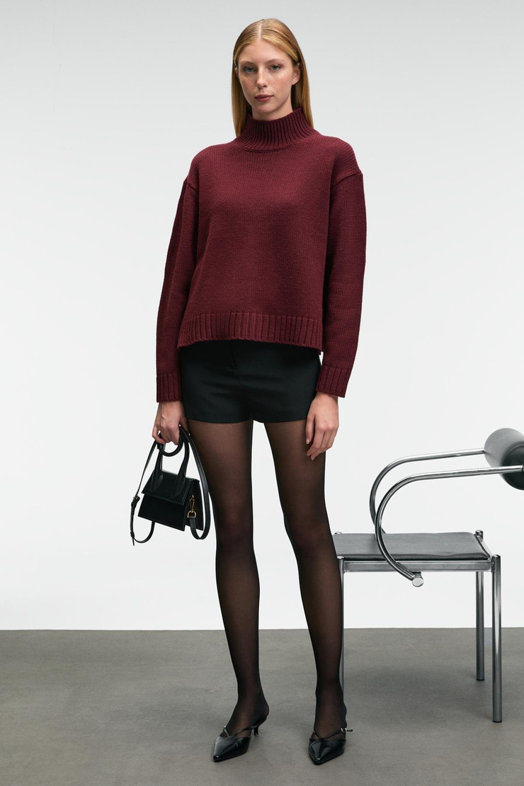 JOYITA Kadın Balıkçı Yaka Oversize Triko Bordo Kazak