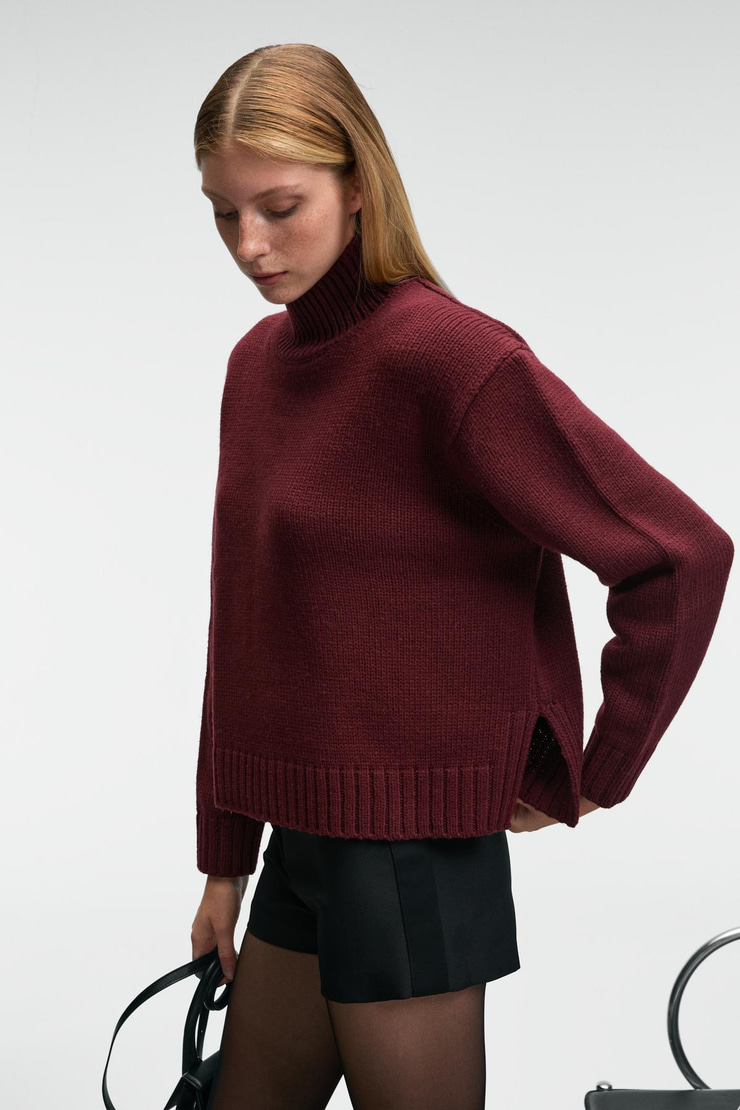 JOYITA Kadın Balıkçı Yaka Oversize Triko Bordo Kazak