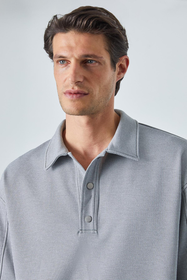 JUCKA Erkek Kısa Kollu Çıtçıt Kapamalı Oversize Fit Polo Yaka Gri T-Shirt