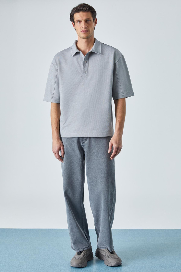 JUCKA Erkek Kısa Kollu Çıtçıt Kapamalı Oversize Fit Polo Yaka Gri T-Shirt