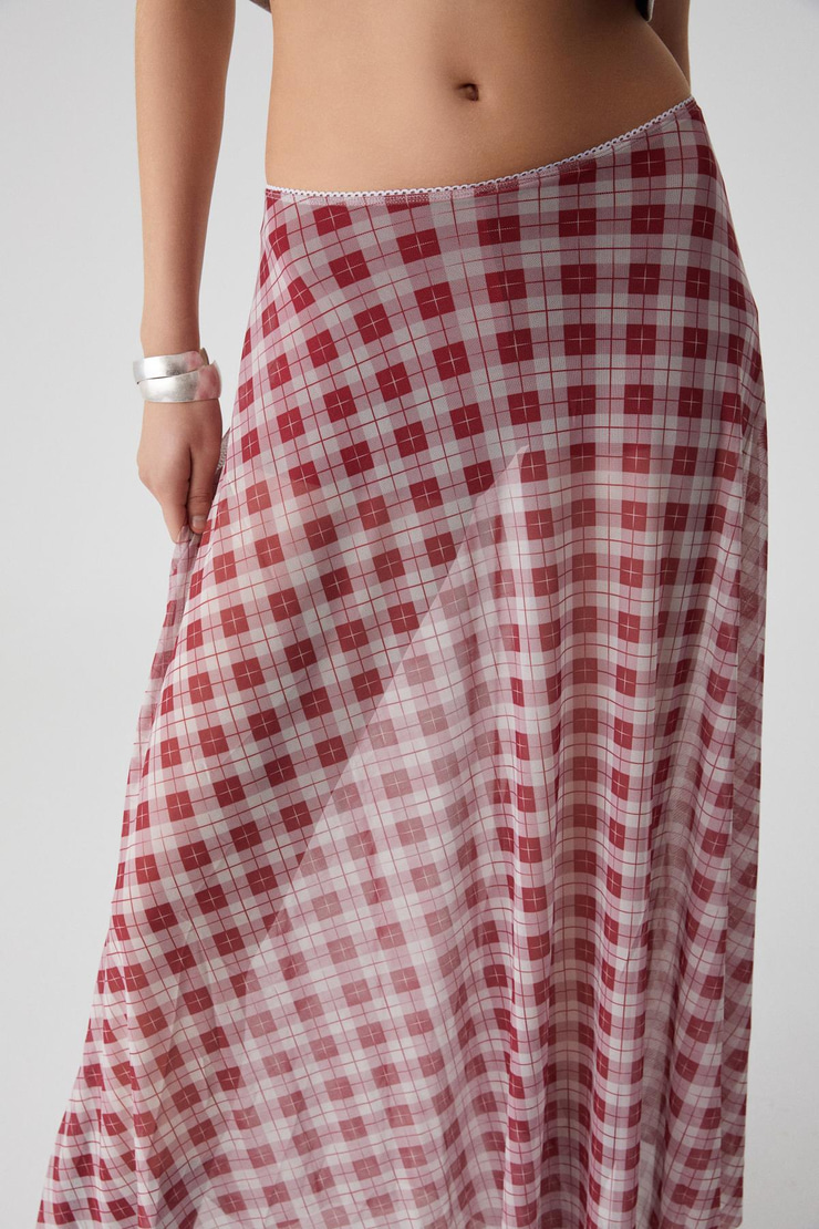 JULIANO Kadın Yüksek Bel Çizgili Oversize Kırmızı Etek