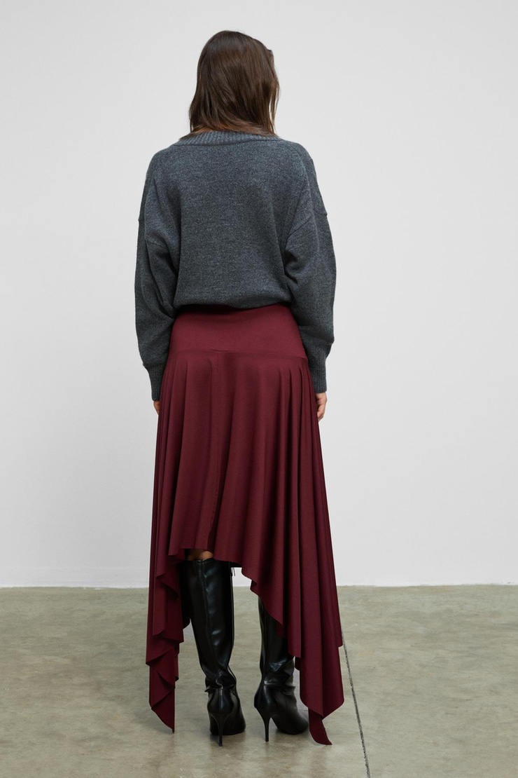 JUNKIT Kadın Yumuşak Ve Esnek Kumaşlı Asimetrik Paçalı Büzgülü Bordo Etek