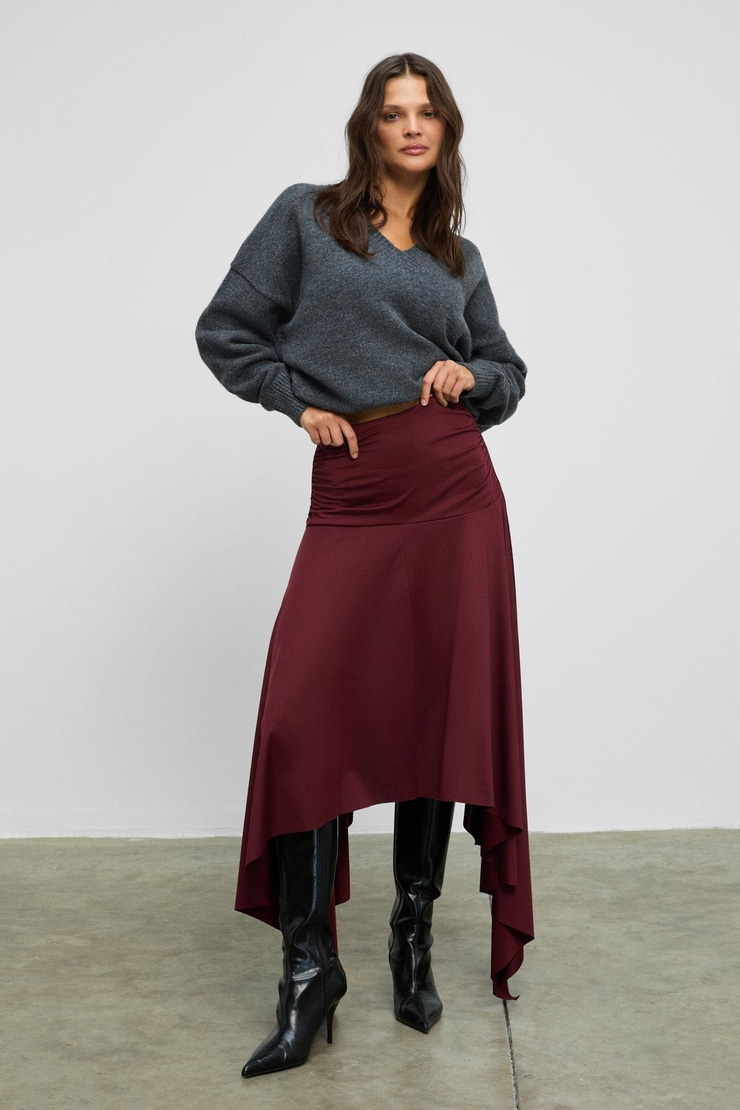 JUNKIT Kadın Yumuşak Ve Esnek Kumaşlı Asimetrik Paçalı Büzgülü Bordo Etek