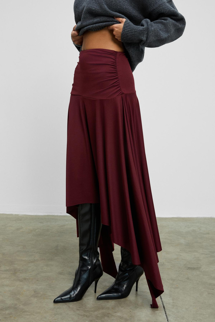 JUNKIT Kadın Yumuşak Ve Esnek Kumaşlı Asimetrik Paçalı Büzgülü Bordo Etek