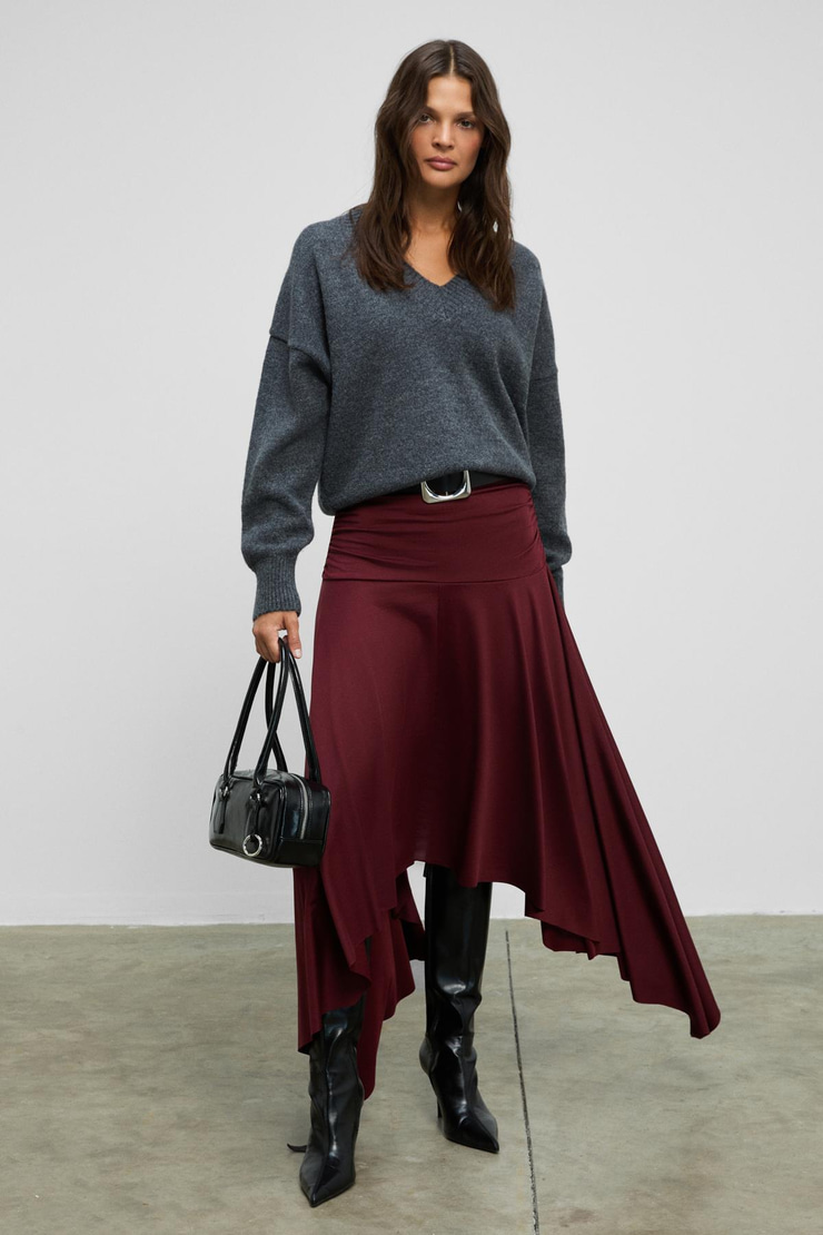 JUNKIT Kadın Yumuşak Ve Esnek Kumaşlı Asimetrik Paçalı Büzgülü Bordo Etek