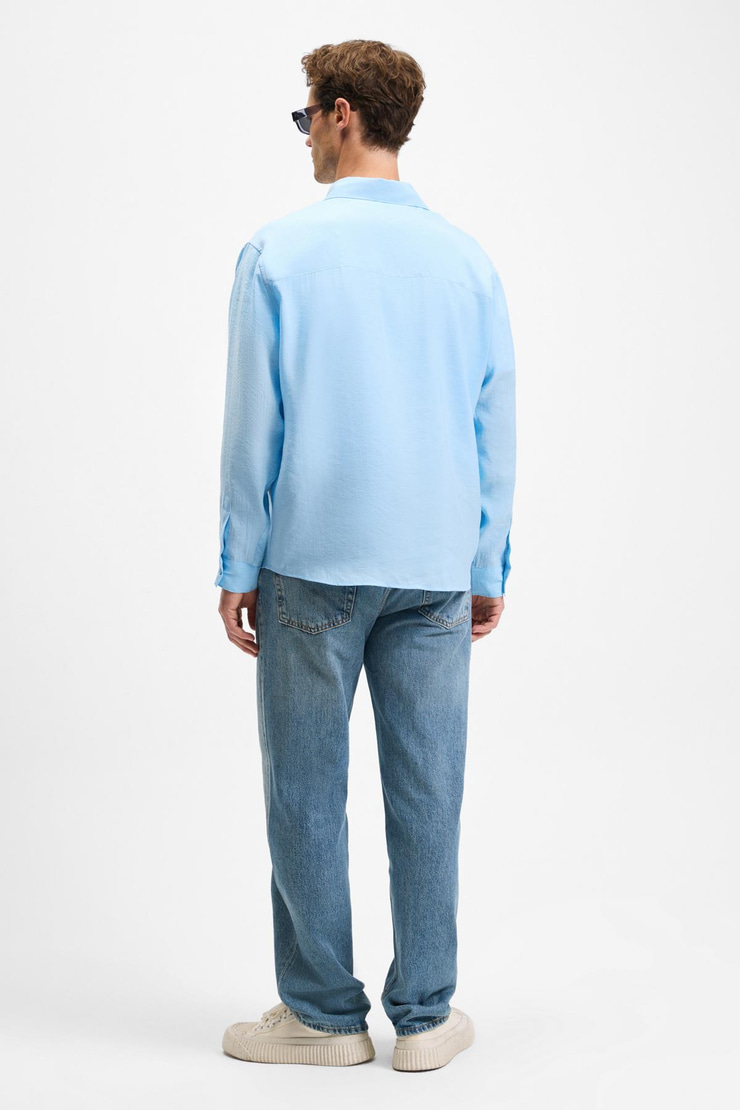 JUUSO Erkek Dökümlü Kumaş Gömlek Yaka Düğmeli Manşetli Cep Detaylı Uzun Kol Mavi Gömlek