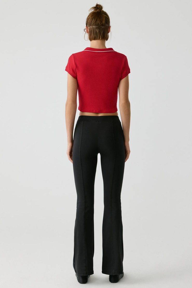 KAELA Kadın Triko Polo Yaka Düğmeli Kısa Kollu Baskı Detaylı Kırmızı T-Shirt