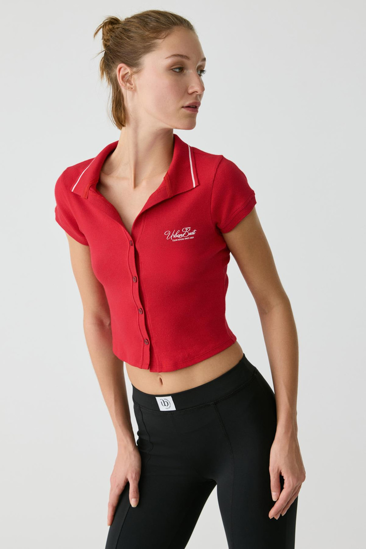 KAELA Kadın Triko Polo Yaka Düğmeli Kısa Kollu Baskı Detaylı Kırmızı T-Shirt