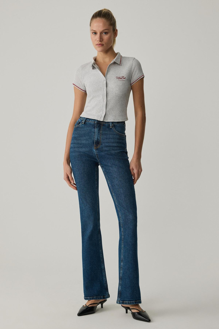 KAELA Kadın Triko Polo Yaka Düğmeli Kısa Kollu Baskı Detaylı Grimelanj T-Shirt