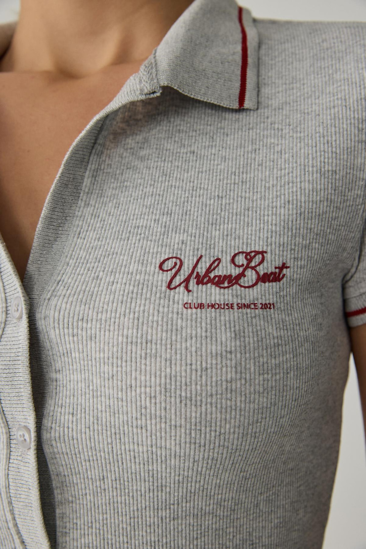 KAELA Kadın Triko Polo Yaka Düğmeli Kısa Kollu Baskı Detaylı Grimelanj T-Shirt