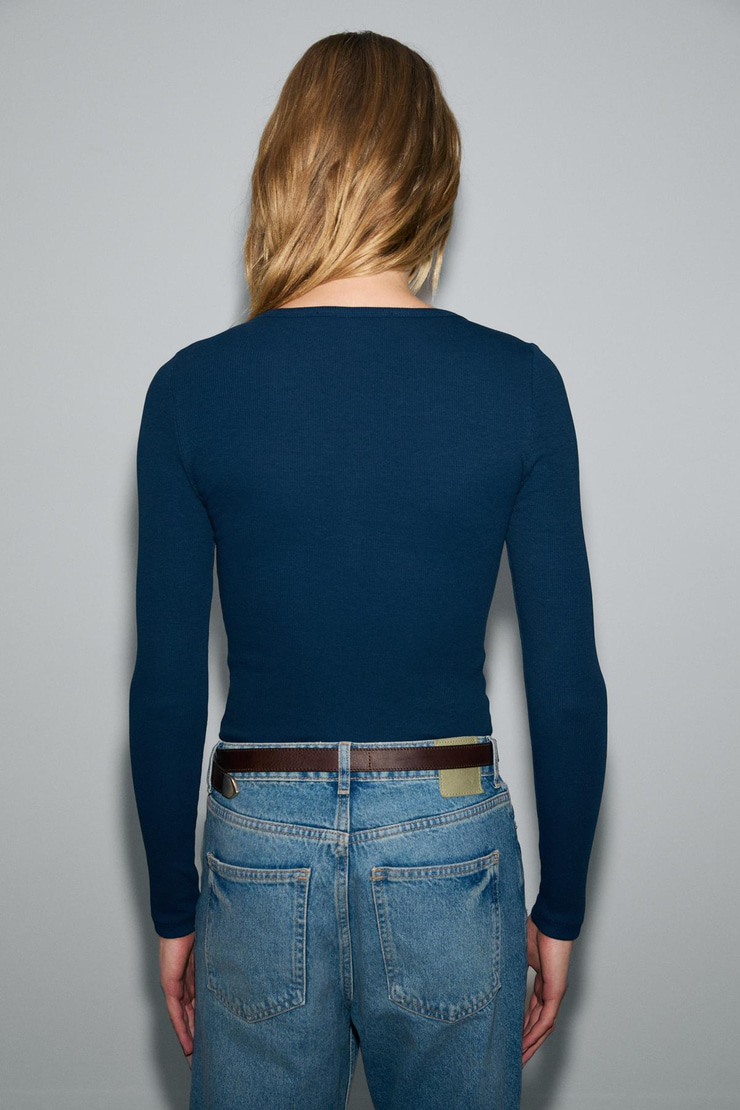 KALANI Kadın Uzun Kollu V Yaka Patlı Düğmeli Lacivert Body