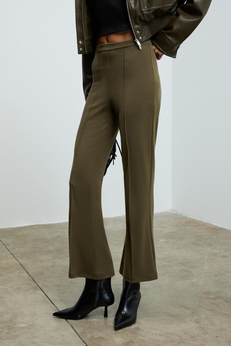 KALYYSIA Kadın Yüksek Bel Geniş Paçalı Slim Fit Haki Pantolon