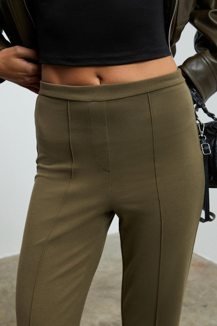 KALYYSIA Kadın Yüksek Bel Geniş Paçalı Slim Fit Haki Pantolon