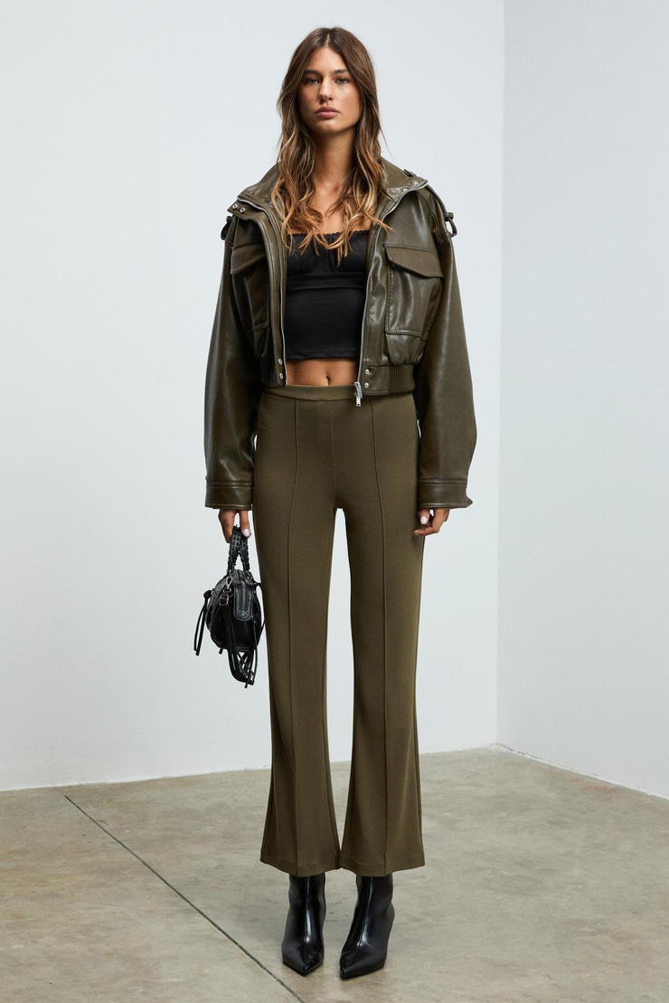 KALYYSIA Kadın Yüksek Bel Geniş Paçalı Slim Fit Haki Pantolon