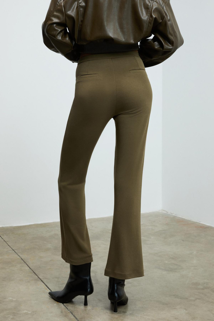 KALYYSIA Kadın Yüksek Bel Geniş Paçalı Slim Fit Haki Pantolon