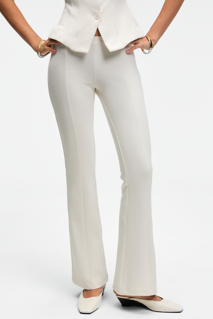 KALYYSIA Kadın Yüksek Bel Geniş Paçalı Slim Fit Ekru Pantolon