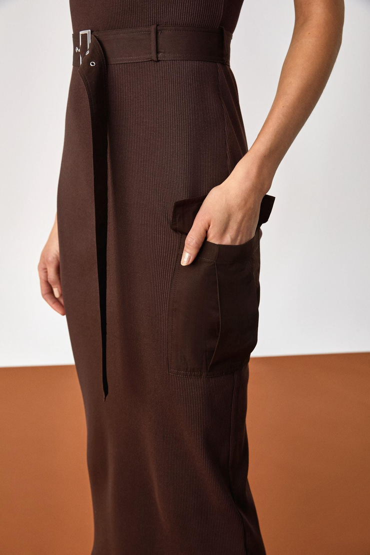 KAMONGAS Kadın Regular Oyuk Yaka Kısa Paça Kahverengi Elbise