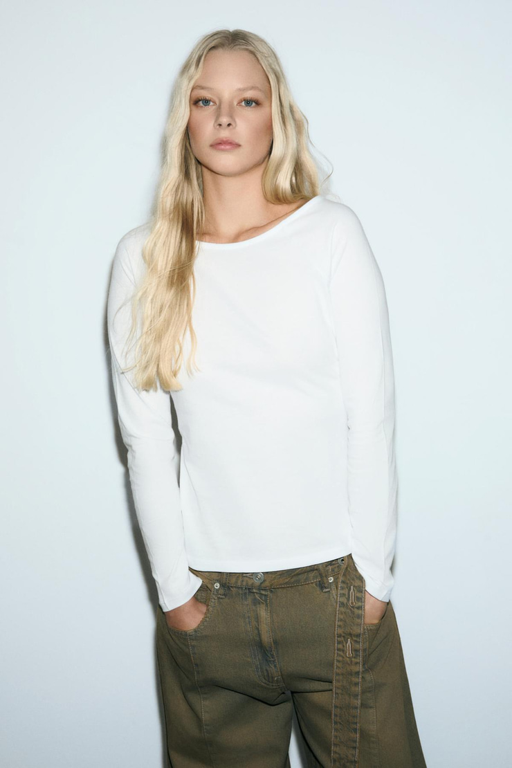 KARAKOLA Kadın Organik Pamuklu Kayık Yaka Reglan Kol Slim Fit Beyaz Bluz